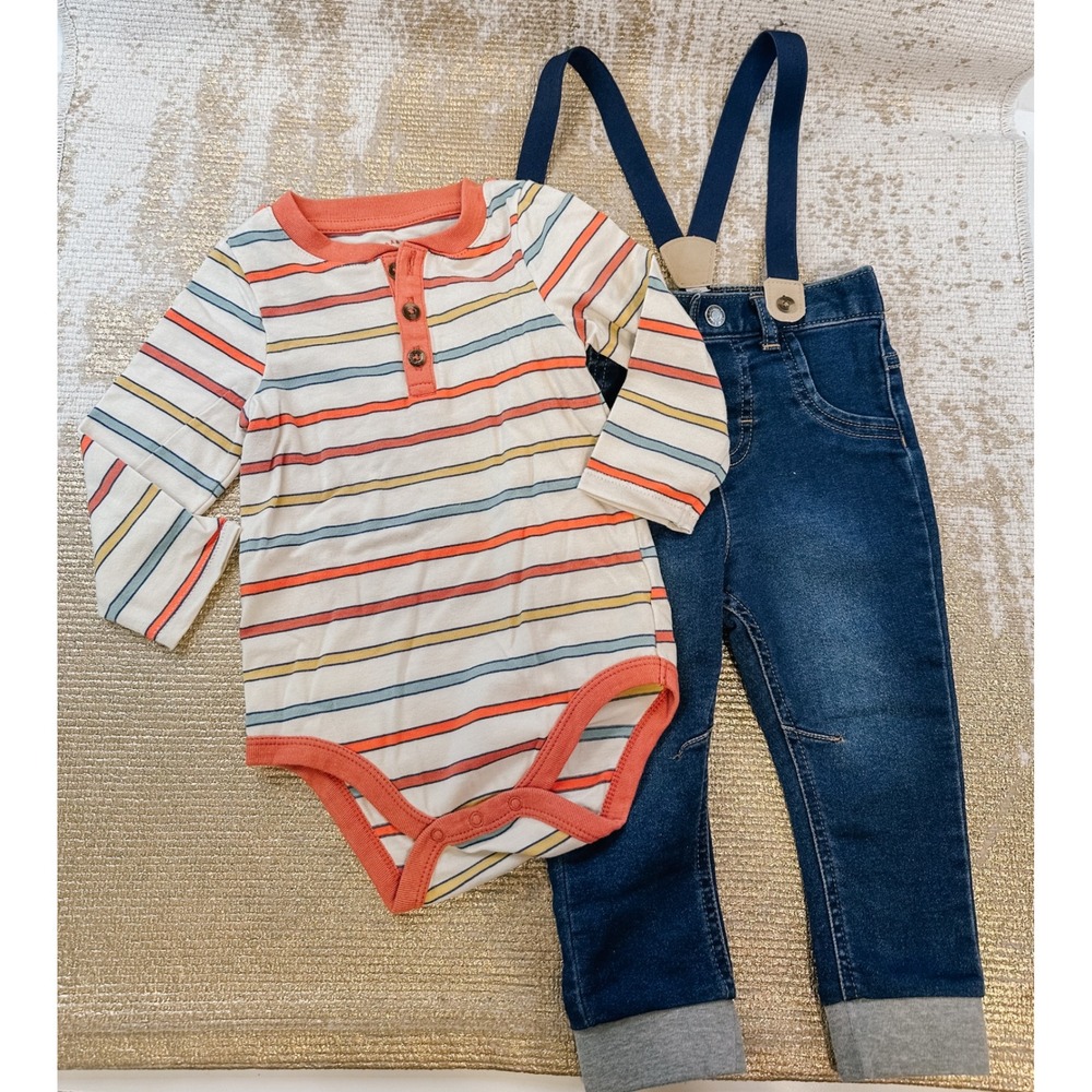 CAT & JACK Baby Boy 2-Piece Suspenders Set Onesie & Jeans | Size 18 Month